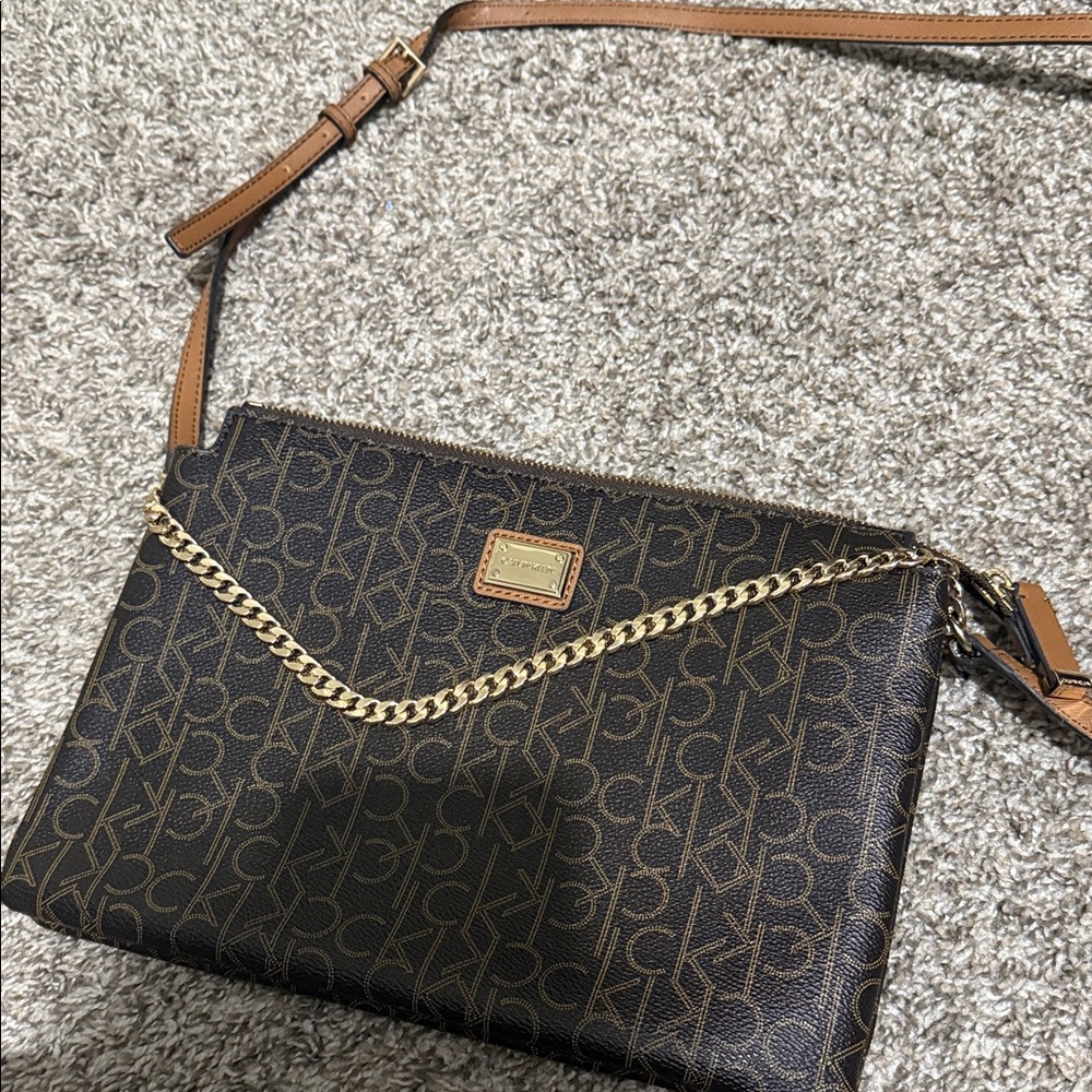 Calvin Klein Dark Brown Logo Crossbody with Gold Chain Accent
